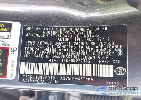 2013 Toyota Camry Le z USA, uszkodzony, nr VIN 4T4BF1FK8DR277162